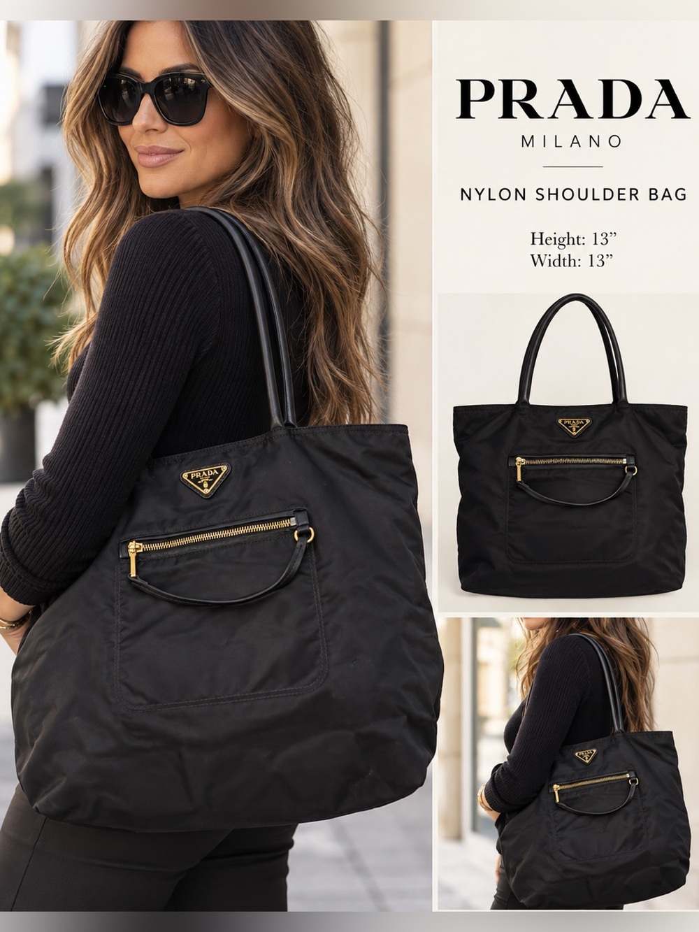 Prada Black enameled triangle Tessudo Nylon Shoulder Bag tote